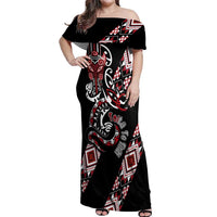 Aotearoa Toitu Te Tiriti-Honour the Treaty Off Shoulder Maxi Dress Maori Taniwha Haka with Taniko and Tukutuku LT03 Women Black - Polynesian Pride