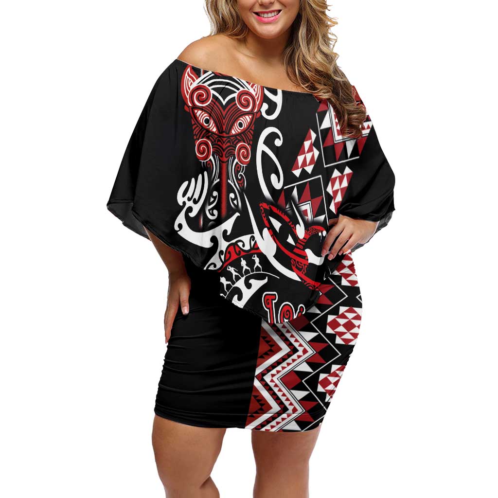 Aotearoa Toitu Te Tiriti-Honour the Treaty Off Shoulder Short Dress Maori Taniwha Haka with Taniko and Tukutuku LT03 Women Black - Polynesian Pride
