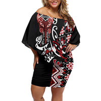 Aotearoa Toitu Te Tiriti-Honour the Treaty Off Shoulder Short Dress Maori Taniwha Haka with Taniko and Tukutuku LT03 Women Black - Polynesian Pride