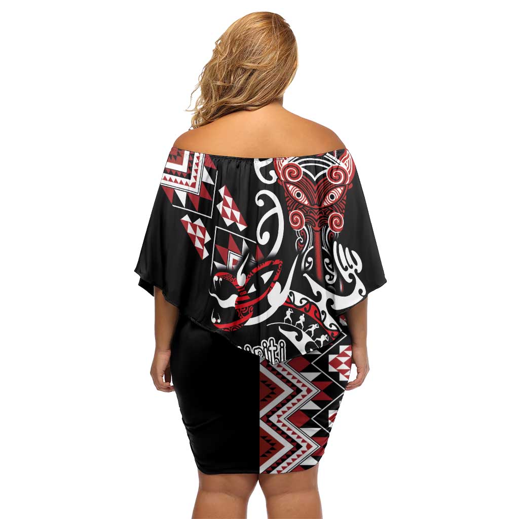 Aotearoa Toitu Te Tiriti-Honour the Treaty Off Shoulder Short Dress Maori Taniwha Haka with Taniko and Tukutuku LT03 - Polynesian Pride