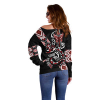 Aotearoa Toitu Te Tiriti-Honour the Treaty Off Shoulder Sweater Maori Taniwha Haka with Taniko and Tukutuku LT03 - Polynesian Pride