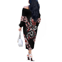 Aotearoa Toitu Te Tiriti-Honour the Treaty Off The Shoulder Long Sleeve Dress Maori Taniwha Haka with Taniko and Tukutuku LT03 - Polynesian Pride