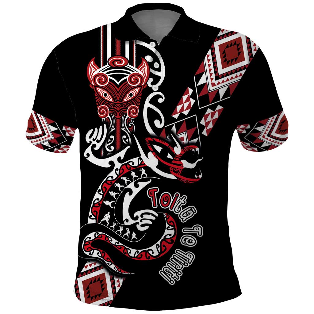 Aotearoa Toitu Te Tiriti-Honour the Treaty Polo Shirt Maori Taniwha Haka with Taniko and Tukutuku LT03 Black - Polynesian Pride