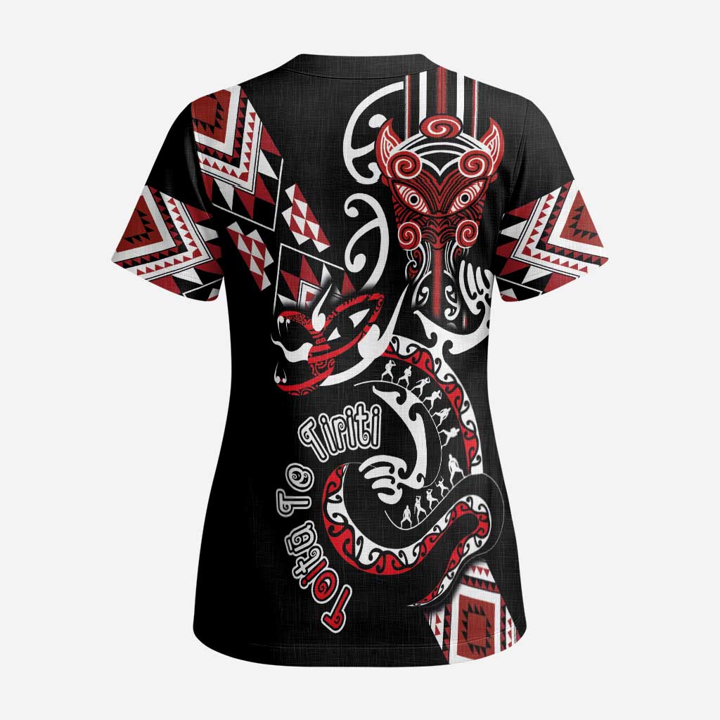 Aotearoa Toitu Te Tiriti-Honour the Treaty Scrub Top Maori Taniwha Haka with Taniko and Tukutuku LT03 - Polynesian Pride