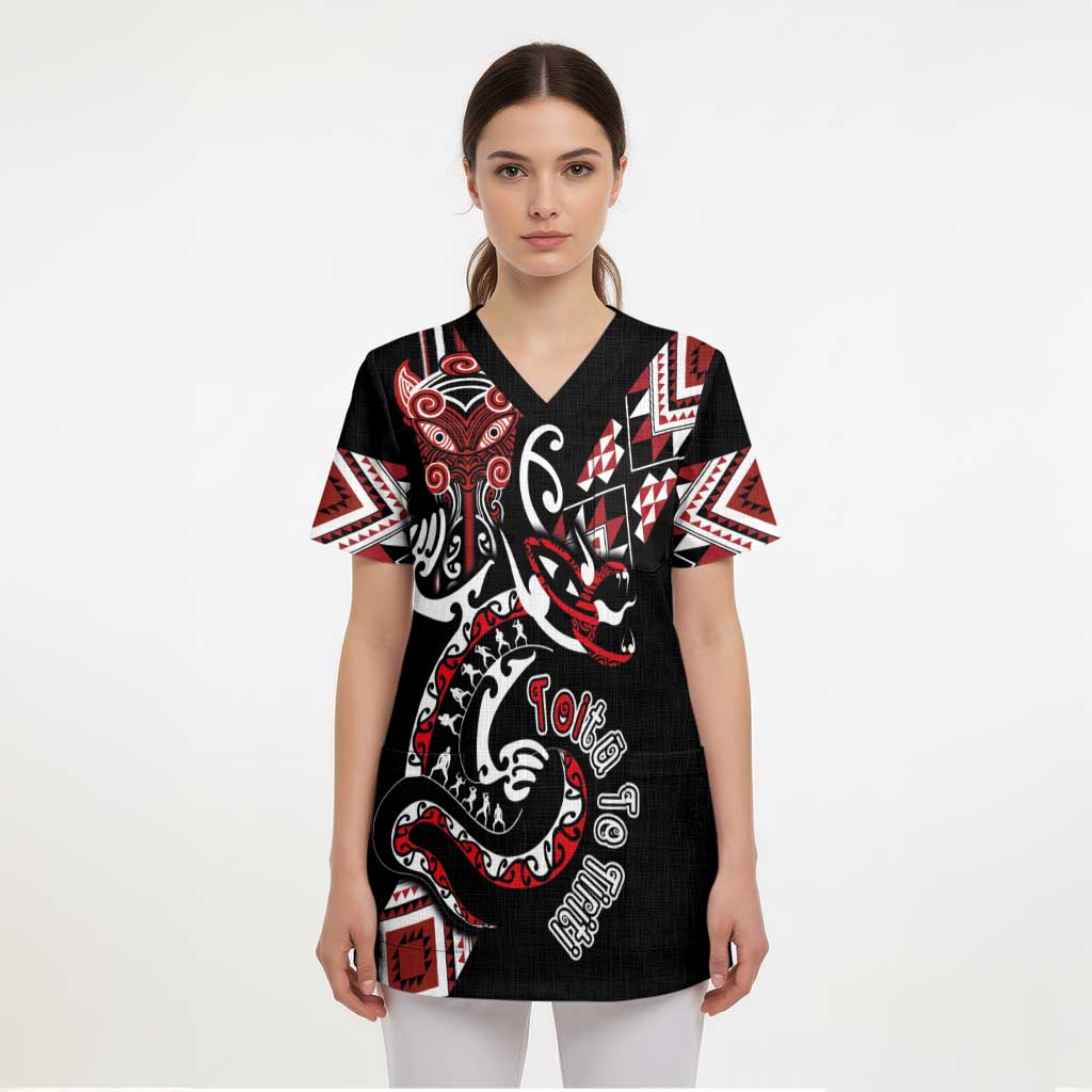 Aotearoa Toitu Te Tiriti-Honour the Treaty Scrub Top Maori Taniwha Haka with Taniko and Tukutuku LT03 - Polynesian Pride