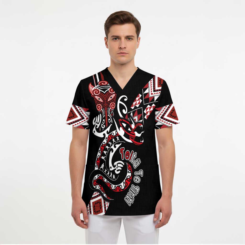 Aotearoa Toitu Te Tiriti-Honour the Treaty Scrub Top Maori Taniwha Haka with Taniko and Tukutuku LT03 - Polynesian Pride