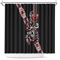 Aotearoa Toitu Te Tiriti-Honour the Treaty Shower Curtain Maori Taniwha Haka with Taniko and Tukutuku LT03 Black - Polynesian Pride