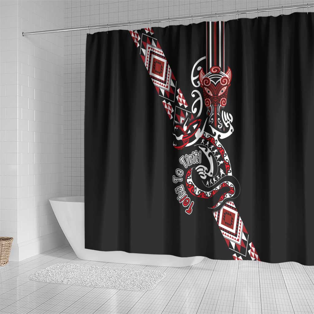 Aotearoa Toitu Te Tiriti-Honour the Treaty Shower Curtain Maori Taniwha Haka with Taniko and Tukutuku LT03 - Polynesian Pride