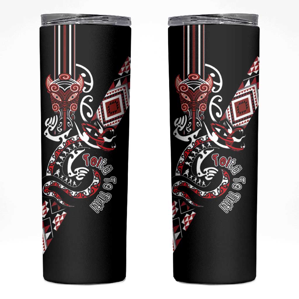 Aotearoa Toitu Te Tiriti-Honour the Treaty Skinny Tumbler Maori Taniwha Haka with Taniko and Tukutuku LT03 Black - Polynesian Pride