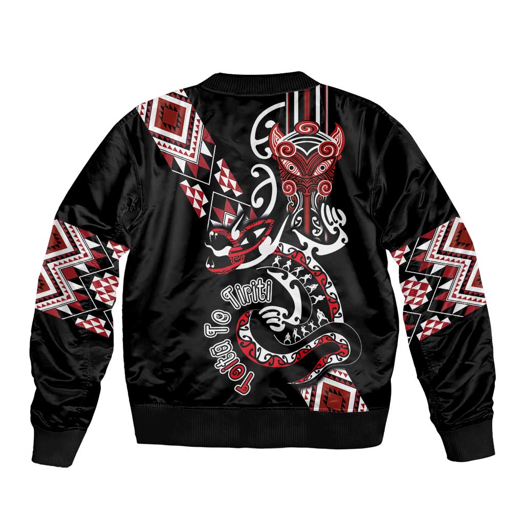 Aotearoa Toitu Te Tiriti-Honour the Treaty Sleeve Zip Bomber Jacket Maori Taniwha Haka with Taniko and Tukutuku LT03 - Polynesian Pride