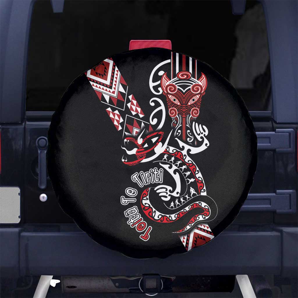 Aotearoa Toitu Te Tiriti-Honour the Treaty Spare Tire Cover Maori Taniwha Haka with Taniko and Tukutuku LT03 No hole Black - Polynesian Pride