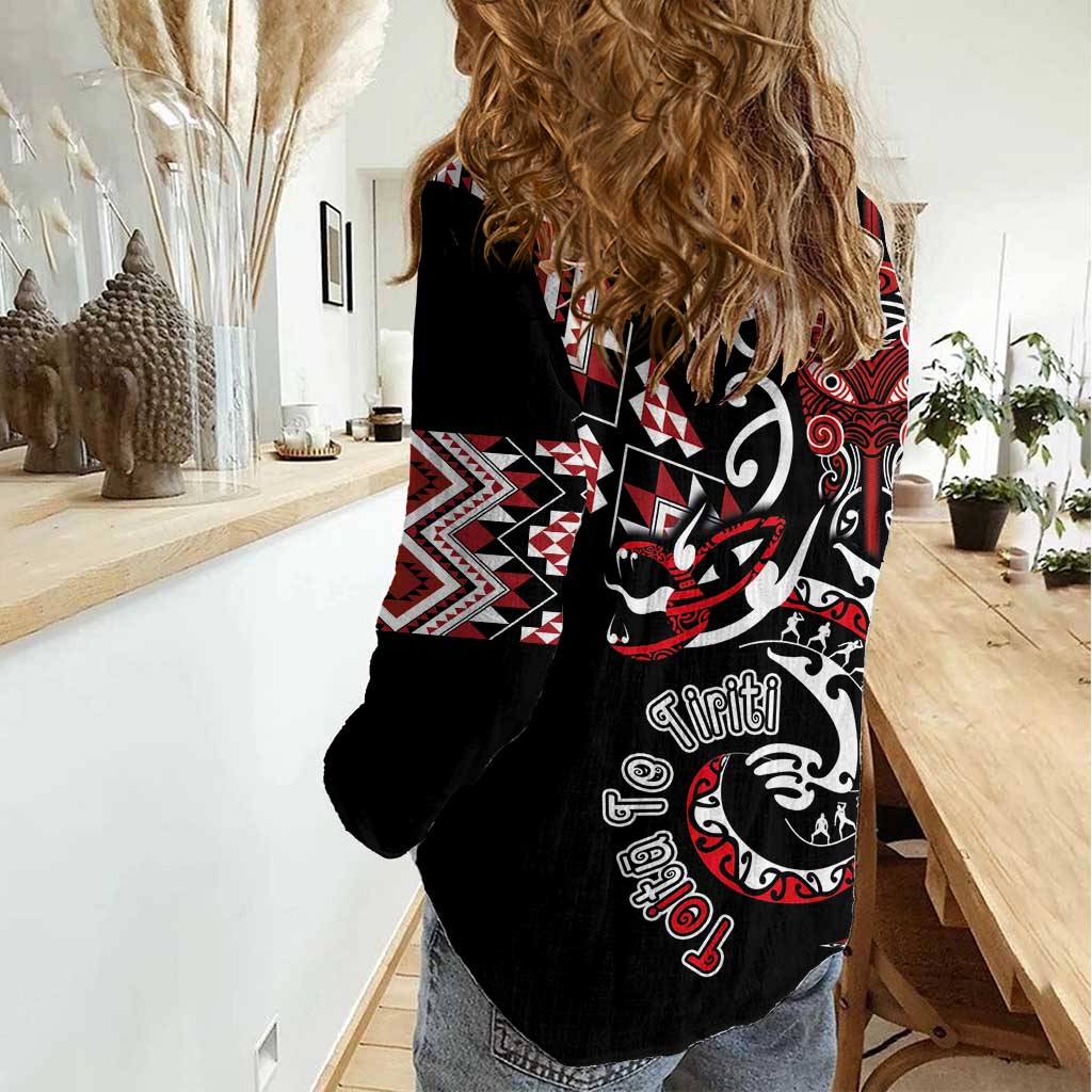 Aotearoa Toitu Te Tiriti-Honour the Treaty Women Casual Shirt Maori Taniwha Haka with Taniko and Tukutuku LT03 - Polynesian Pride