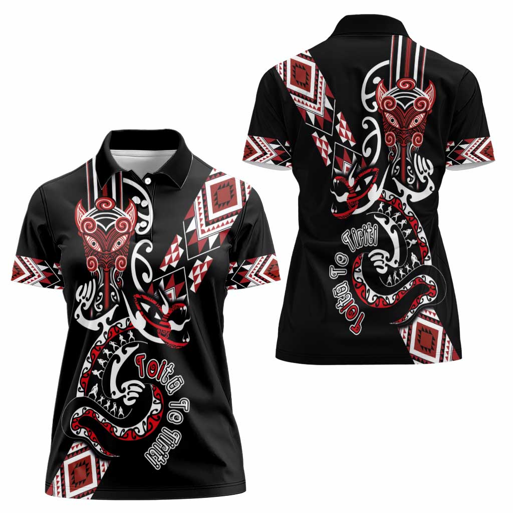Aotearoa Toitu Te Tiriti-Honour the Treaty Women Polo Shirt Maori Taniwha Haka with Taniko and Tukutuku