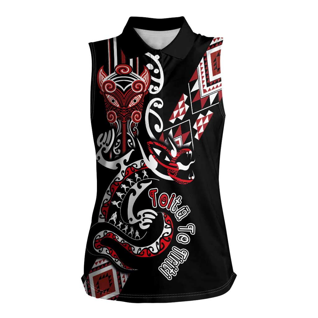 Aotearoa Toitu Te Tiriti-Honour the Treaty Women Sleeveless Polo Shirt Maori Taniwha Haka with Taniko and Tukutuku LT03 Female Black - Polynesian Pride