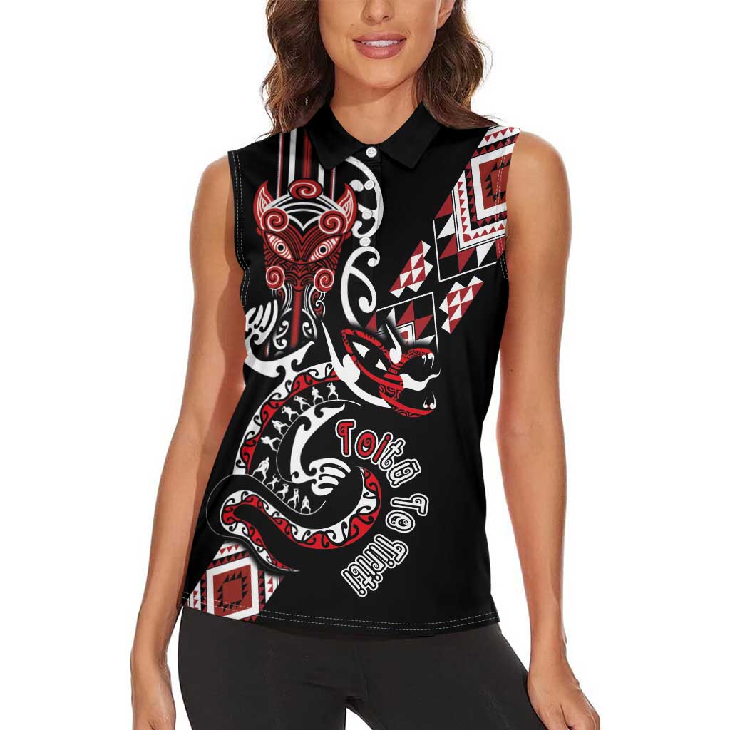 Aotearoa Toitu Te Tiriti-Honour the Treaty Women Sleeveless Polo Shirt Maori Taniwha Haka with Taniko and Tukutuku LT03 - Polynesian Pride