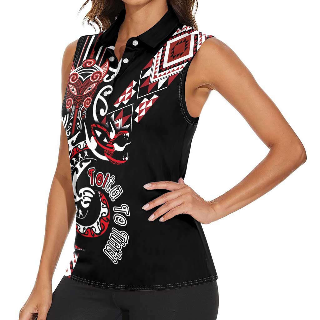 Aotearoa Toitu Te Tiriti-Honour the Treaty Women Sleeveless Polo Shirt Maori Taniwha Haka with Taniko and Tukutuku LT03 - Polynesian Pride