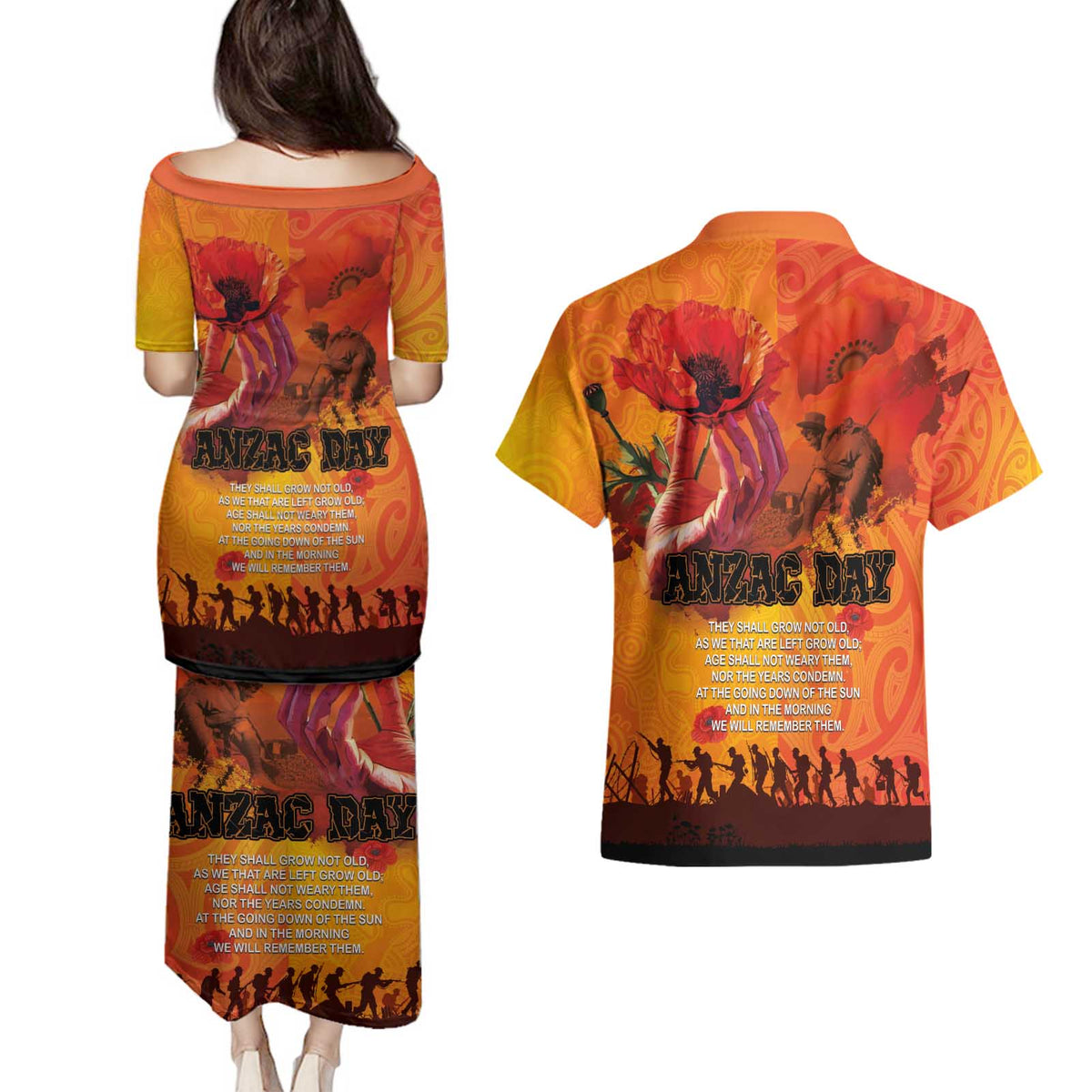 Australia and New Zealand ANZAC Day Couples Matching Puletasi and Hawaiian Shirt Soldiers Memories - Red Poppies with Aboriginal and Maori Art LT03 - Polynesian Pride