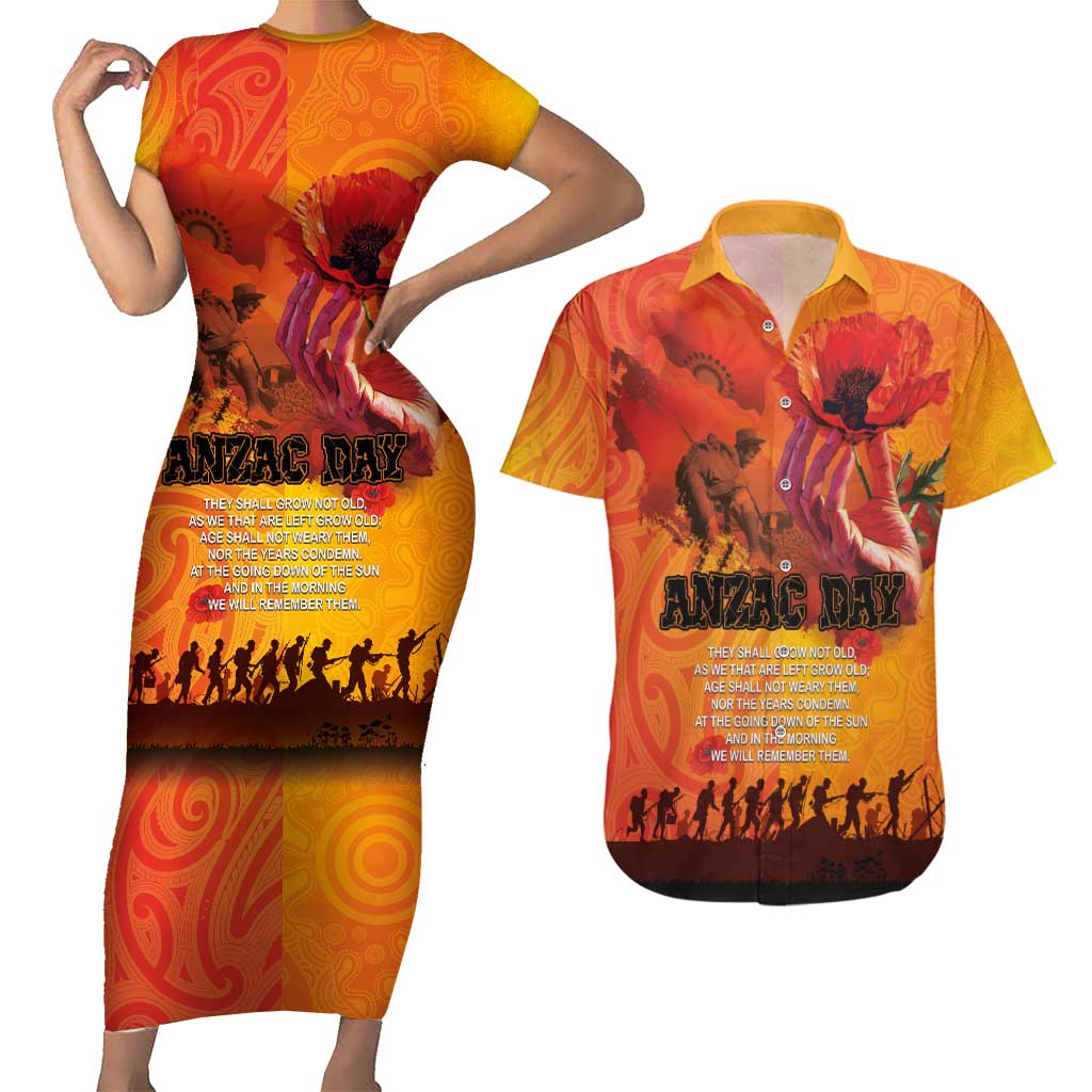 Australia and New Zealand ANZAC Day Couples Matching Short Sleeve Bodycon Dress and Hawaiian Shirt Soldiers Memories - Red Poppies with Aboriginal and Maori Art LT03 Orange-Yellow - Polynesian Pride