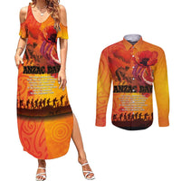 Australia and New Zealand ANZAC Day Couples Matching Summer Maxi Dress and Long Sleeve Button Shirt Soldiers Memories - Red Poppies with Aboriginal and Maori Art LT03 Orange-Yellow - Polynesian Pride