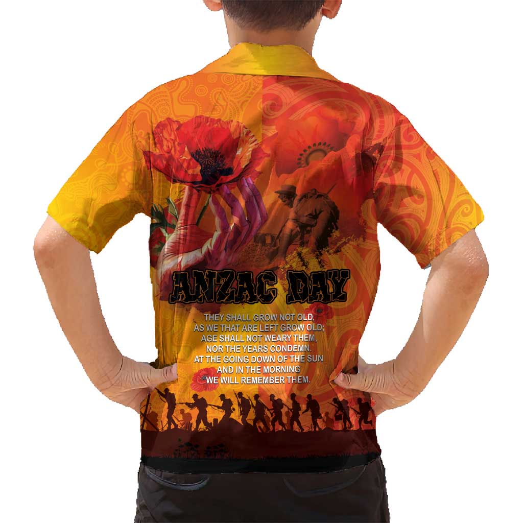 Australia and New Zealand ANZAC Day Family Matching Long Sleeve Bodycon Dress and Hawaiian Shirt Soldiers Memories - Red Poppies with Aboriginal and Maori Art LT03 - Polynesian Pride