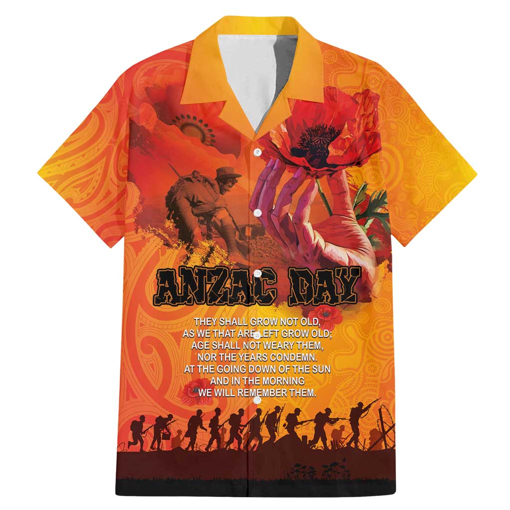 Australia and New Zealand ANZAC Day Family Matching Mermaid Dress and Hawaiian Shirt Soldiers Memories - Red Poppies with Aboriginal and Maori Art LT03 Dad's Shirt - Short Sleeve Orange-Yellow - Polynesian Pride