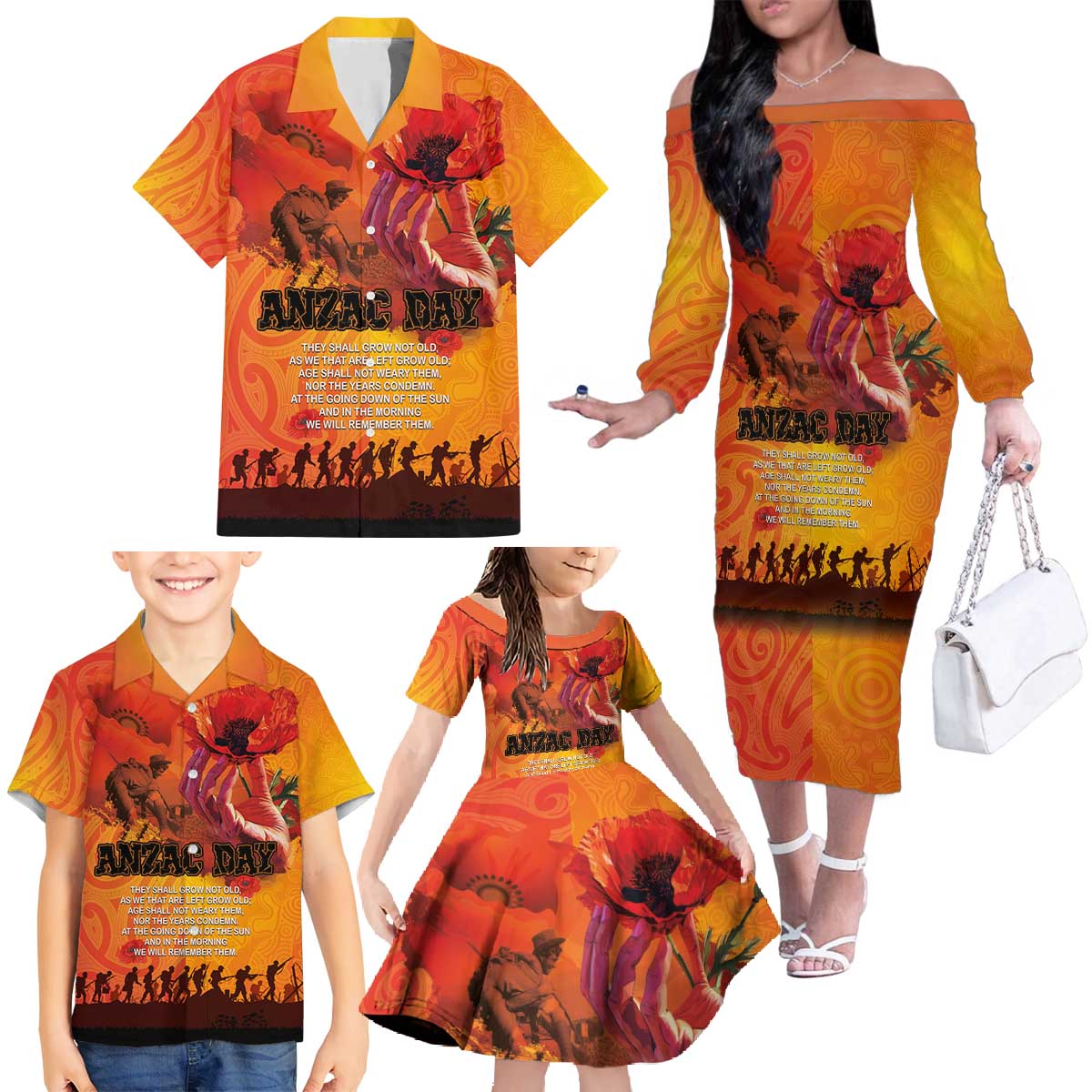 Australia and New Zealand ANZAC Day Family Matching Off The Shoulder Long Sleeve Dress and Hawaiian Shirt Soldiers Memories - Red Poppies with Aboriginal and Maori Art LT03 - Polynesian Pride