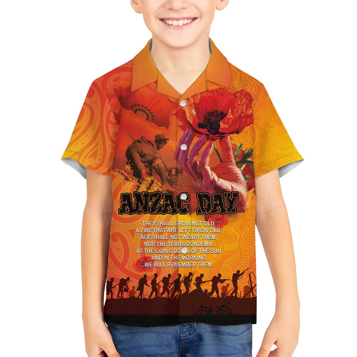 Australia and New Zealand ANZAC Day Family Matching Off The Shoulder Long Sleeve Dress and Hawaiian Shirt Soldiers Memories - Red Poppies with Aboriginal and Maori Art LT03 Son's Shirt Orange-Yellow - Polynesian Pride