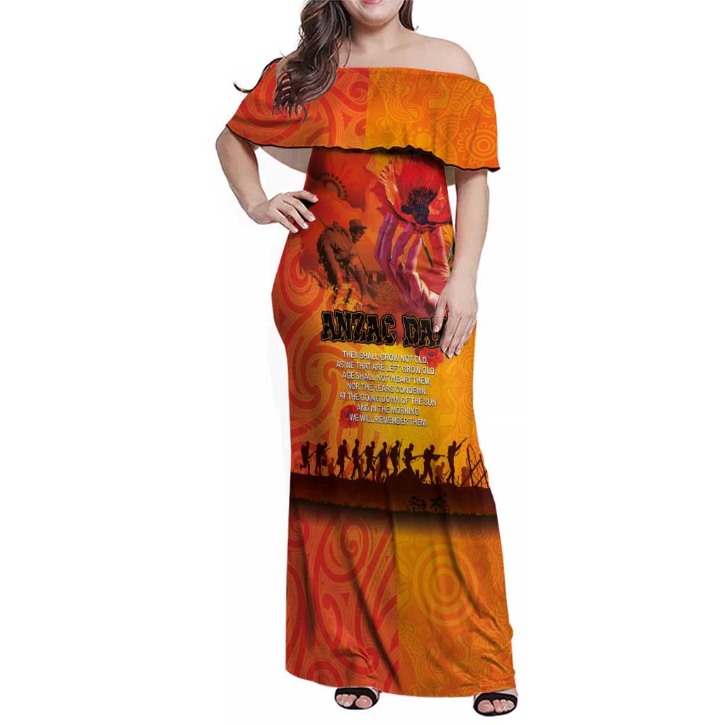Australia and New Zealand ANZAC Day Family Matching Off Shoulder Maxi Dress and Hawaiian Shirt Soldiers Memories - Red Poppies with Aboriginal and Maori Art LT03 Mom's Dress Orange-Yellow - Polynesian Pride