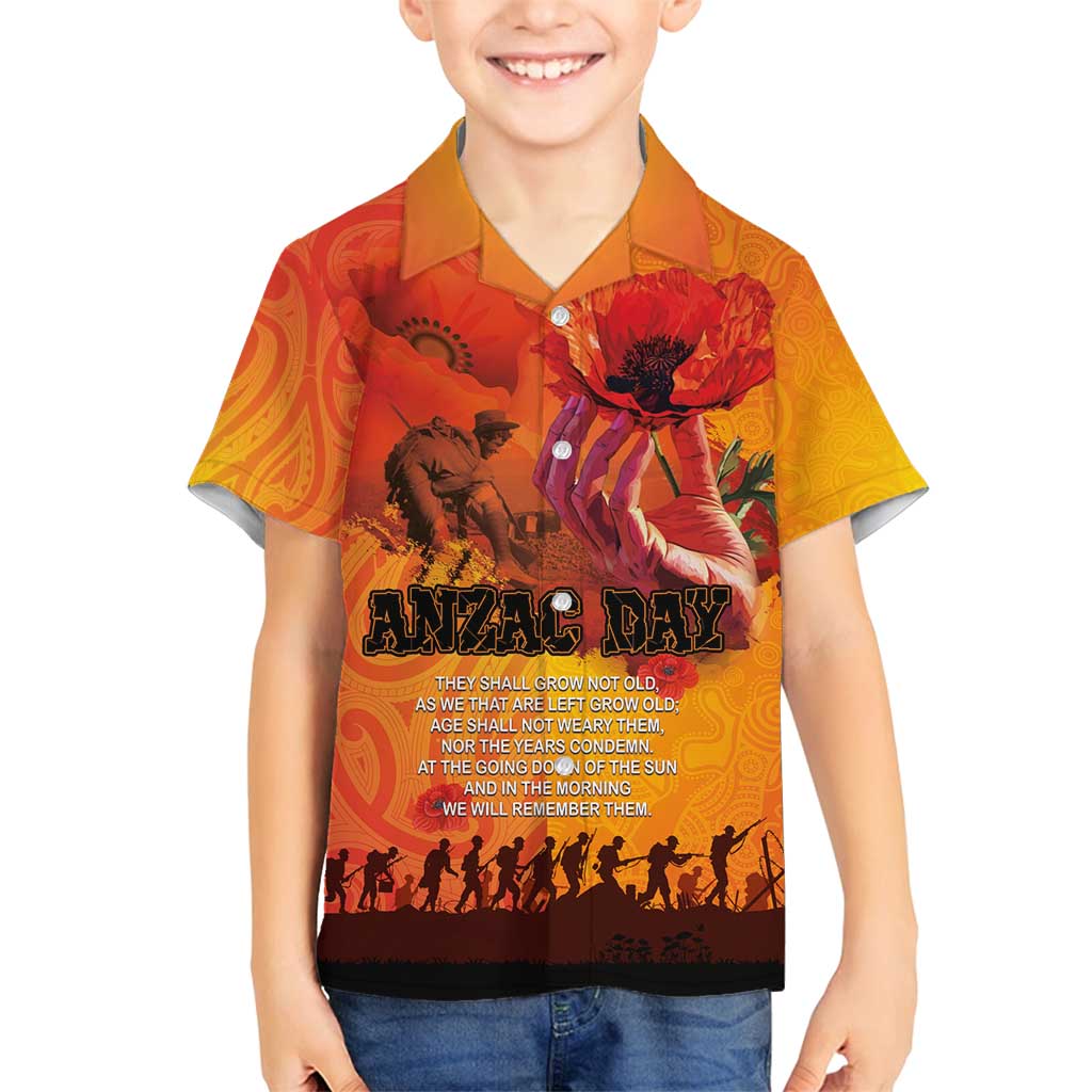 Australia and New Zealand ANZAC Day Family Matching Off Shoulder Maxi Dress and Hawaiian Shirt Soldiers Memories - Red Poppies with Aboriginal and Maori Art LT03 Son's Shirt Orange-Yellow - Polynesian Pride