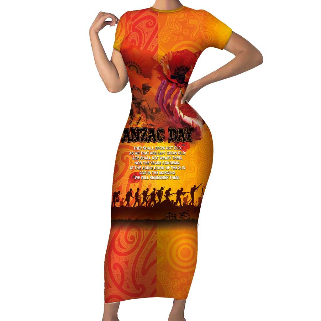 Australia and New Zealand ANZAC Day Family Matching Short Sleeve Bodycon Dress and Hawaiian Shirt Soldiers Memories - Red Poppies with Aboriginal and Maori Art LT03 Mom's Dress Orange-Yellow - Polynesian Pride