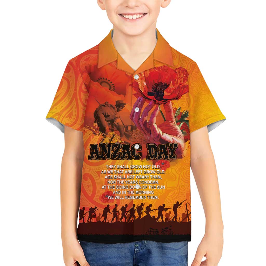 Australia and New Zealand ANZAC Day Family Matching Short Sleeve Bodycon Dress and Hawaiian Shirt Soldiers Memories - Red Poppies with Aboriginal and Maori Art LT03 Son's Shirt Orange-Yellow - Polynesian Pride