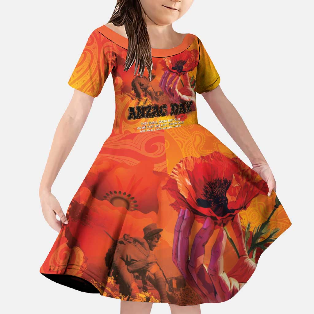 Australia and New Zealand ANZAC Day Family Matching Summer Maxi Dress and Hawaiian Shirt Soldiers Memories - Red Poppies with Aboriginal and Maori Art LT03 Daughter's Dress Orange-Yellow - Polynesian Pride