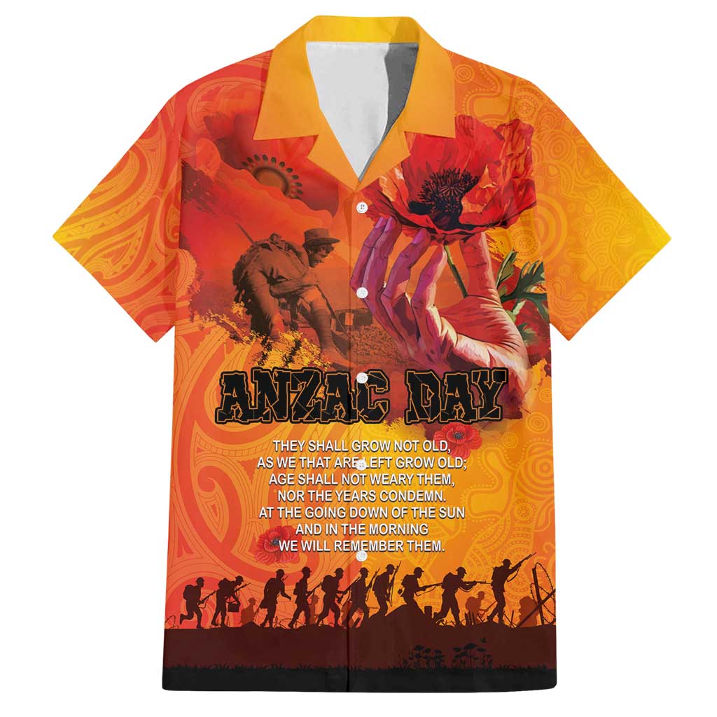 Australia and New Zealand ANZAC Day Family Matching Summer Maxi Dress and Hawaiian Shirt Soldiers Memories - Red Poppies with Aboriginal and Maori Art LT03 Dad's Shirt - Short Sleeve Orange-Yellow - Polynesian Pride