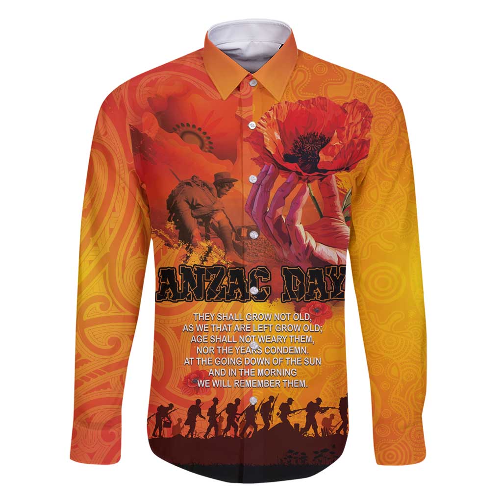 Australia and New Zealand ANZAC Day Family Matching Summer Maxi Dress and Hawaiian Shirt Soldiers Memories - Red Poppies with Aboriginal and Maori Art LT03 Dad's Shirt - Long Sleeve Orange-Yellow - Polynesian Pride