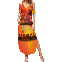 Australia and New Zealand ANZAC Day Family Matching Summer Maxi Dress and Hawaiian Shirt Soldiers Memories - Red Poppies with Aboriginal and Maori Art LT03 Mom's Dress Orange-Yellow - Polynesian Pride