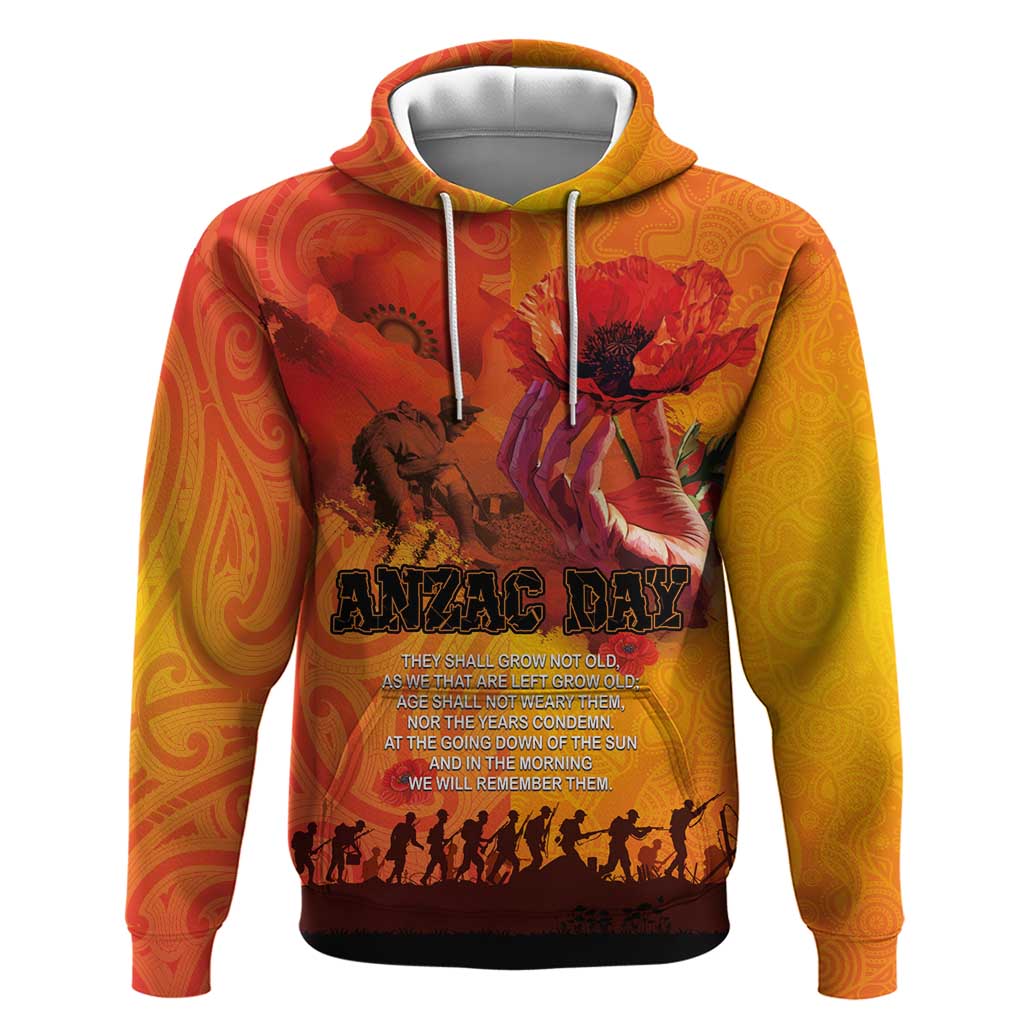Australia and New Zealand ANZAC Day Hoodie Soldiers Memories - Red Poppies with Aboriginal and Maori Art LT03 Pullover Hoodie Orange-Yellow - Polynesian Pride