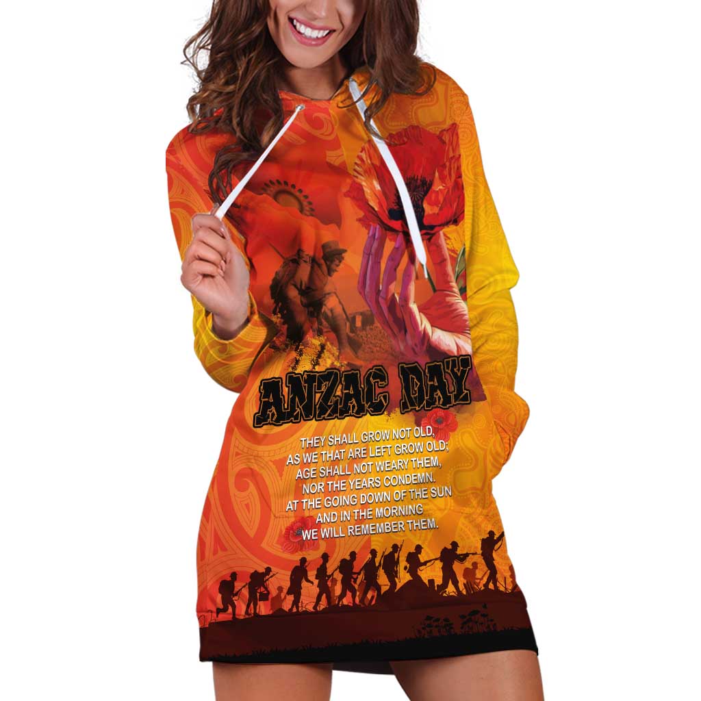 Australia and New Zealand ANZAC Day Hoodie Dress Soldiers Memories - Red Poppies with Aboriginal and Maori Art LT03 Orange-Yellow - Polynesian Pride
