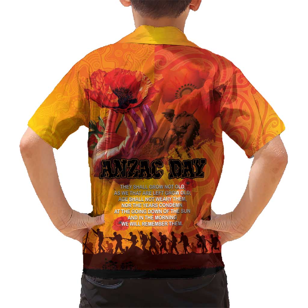 Australia and New Zealand ANZAC Day Kid Hawaiian Shirt Soldiers Memories - Red Poppies with Aboriginal and Maori Art LT03 - Polynesian Pride