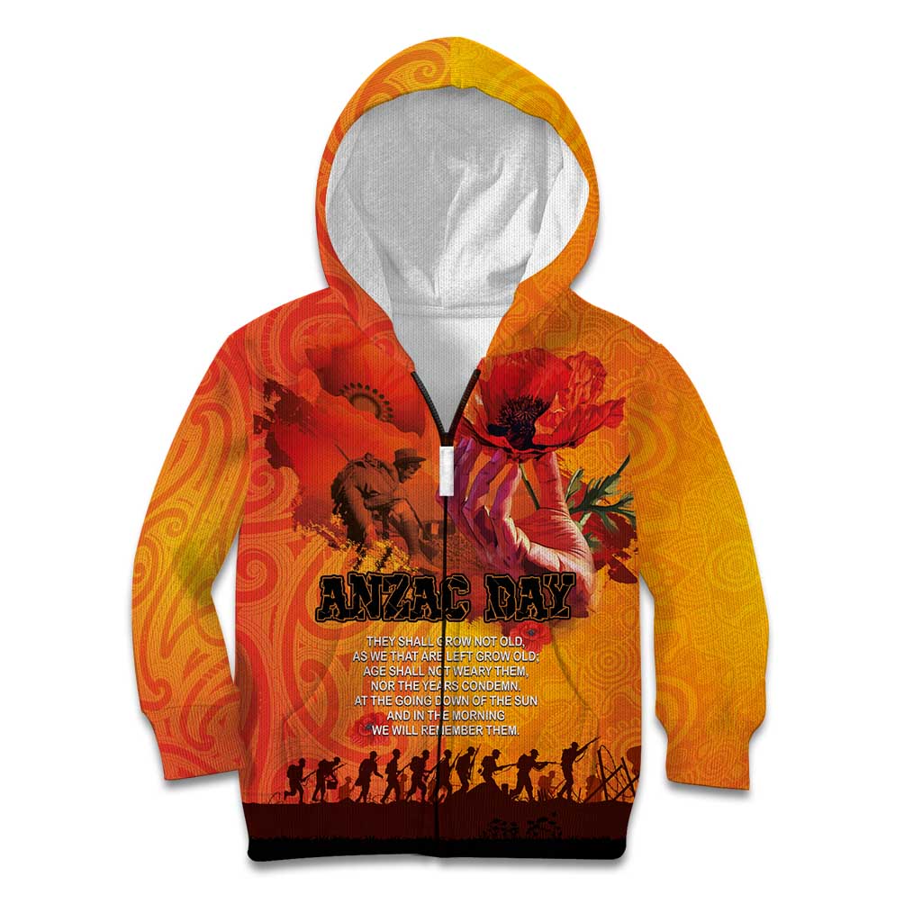 Australia and New Zealand ANZAC Day Kid Hoodie Soldiers Memories - Red Poppies with Aboriginal and Maori Art LT03 Zip Hoodie Orange-Yellow - Polynesian Pride