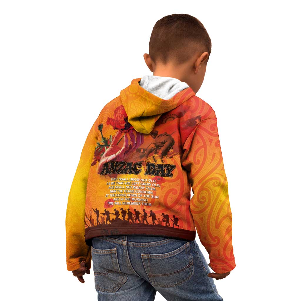 Australia and New Zealand ANZAC Day Kid Hoodie Soldiers Memories - Red Poppies with Aboriginal and Maori Art LT03 - Polynesian Pride