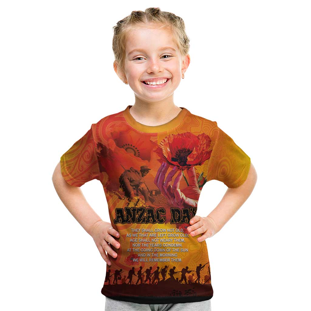 Australia and New Zealand ANZAC Day Kid T Shirt Soldiers Memories - Red Poppies with Aboriginal and Maori Art LT03 Orange-Yellow - Polynesian Pride