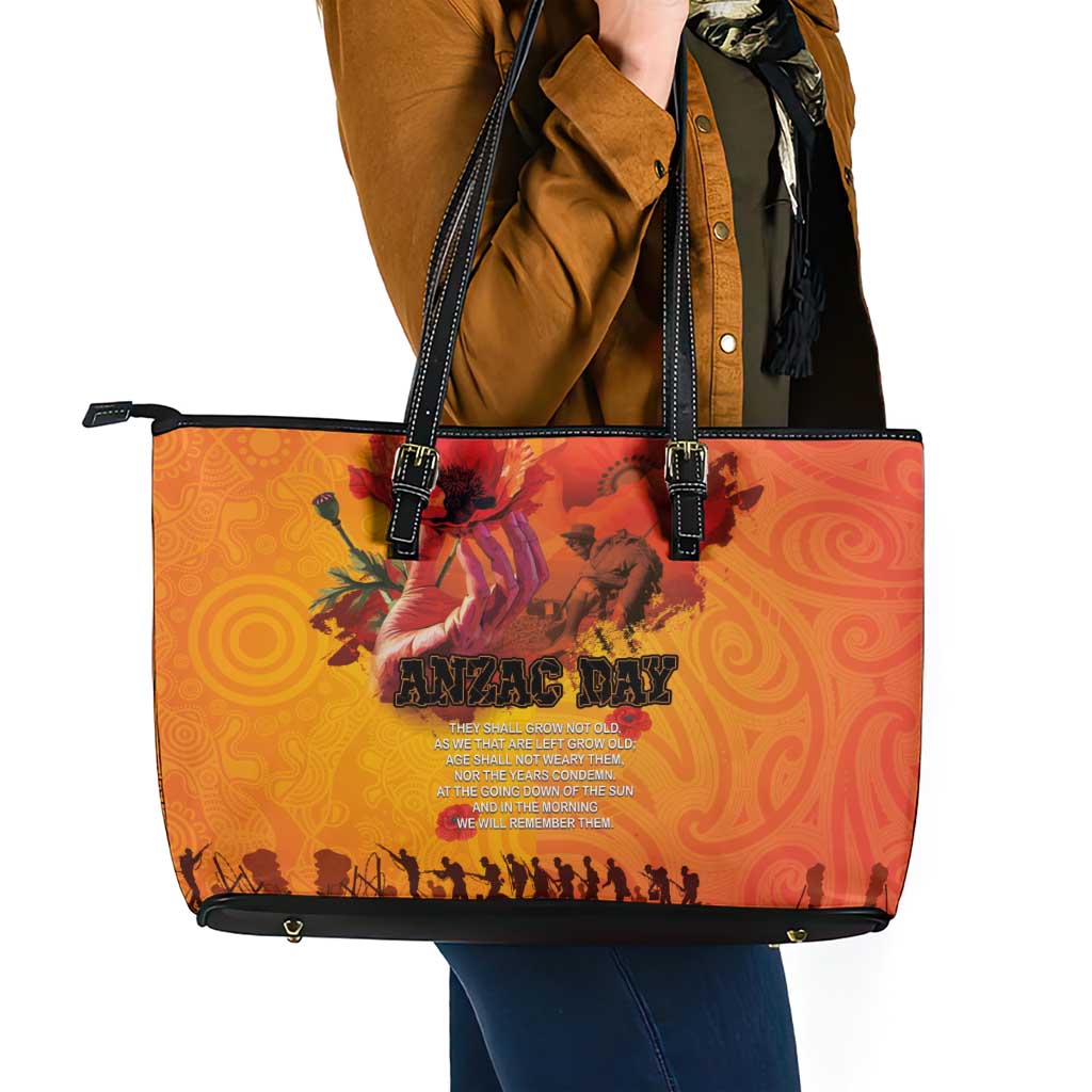 Australia and New Zealand ANZAC Day Leather Tote Bag Soldiers Memories - Red Poppies with Aboriginal and Maori Art LT03 - Polynesian Pride