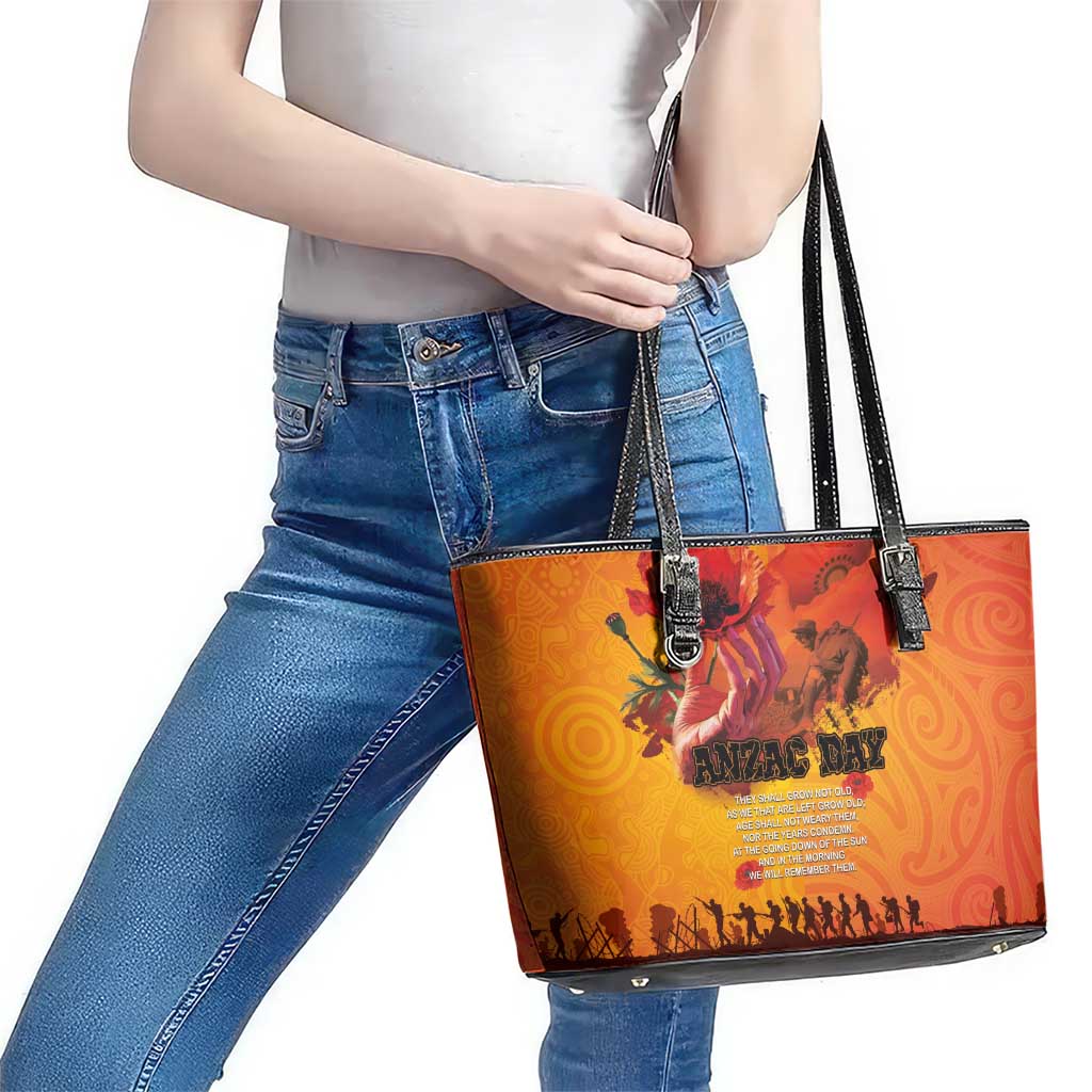 Australia and New Zealand ANZAC Day Leather Tote Bag Soldiers Memories - Red Poppies with Aboriginal and Maori Art LT03 - Polynesian Pride