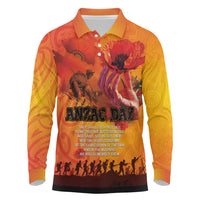 Australia and New Zealand ANZAC Day Long Sleeve Polo Shirt Soldiers Memories - Red Poppies with Aboriginal and Maori Art LT03 Orange-Yellow - Polynesian Pride