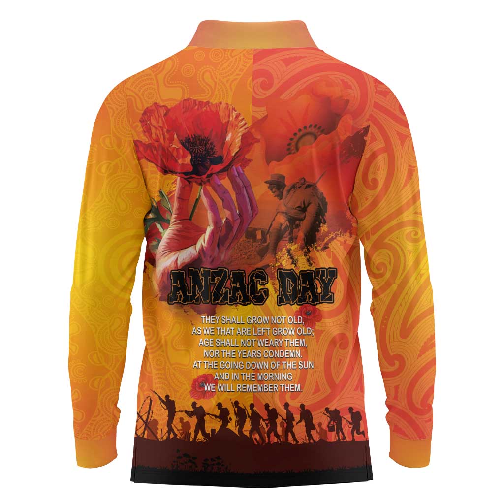 Australia and New Zealand ANZAC Day Long Sleeve Polo Shirt Soldiers Memories - Red Poppies with Aboriginal and Maori Art LT03 - Polynesian Pride