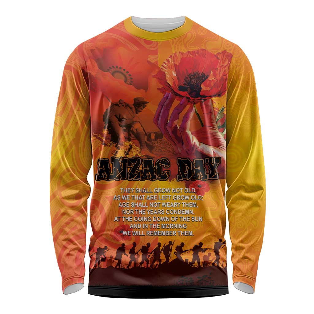 Australia and New Zealand ANZAC Day Long Sleeve Shirt Soldiers Memories - Red Poppies with Aboriginal and Maori Art LT03 Unisex Orange-Yellow - Polynesian Pride