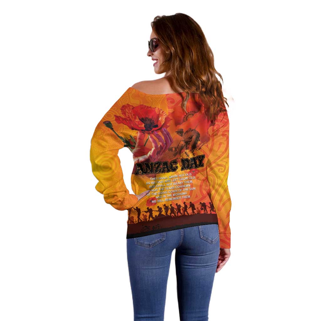 Australia and New Zealand ANZAC Day Off Shoulder Sweater Soldiers Memories - Red Poppies with Aboriginal and Maori Art LT03 - Polynesian Pride