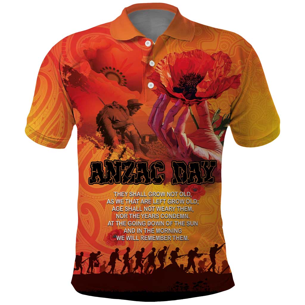 Australia and New Zealand ANZAC Day Polo Shirt Soldiers Memories - Red Poppies with Aboriginal and Maori Art LT03 Orange-Yellow - Polynesian Pride