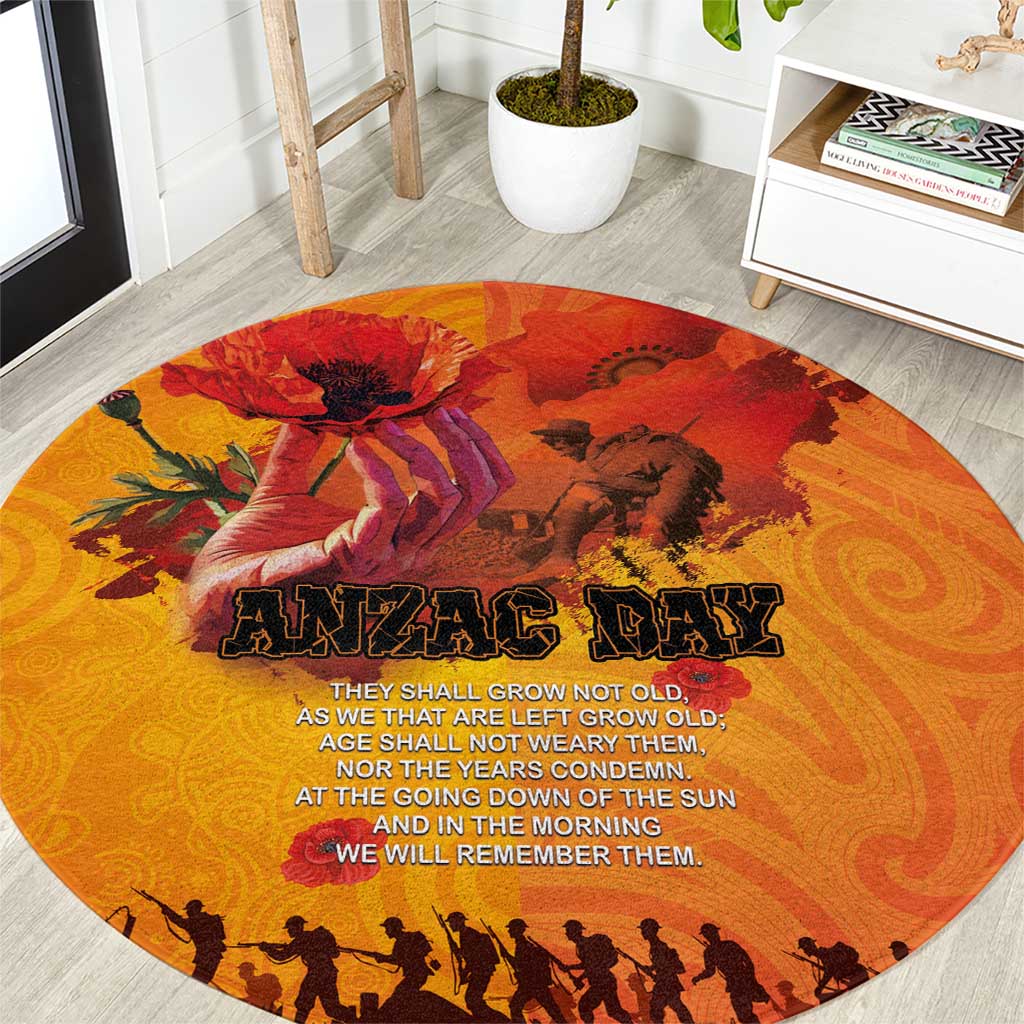 Australia and New Zealand ANZAC Day Round Carpet Soldiers Memories - Red Poppies with Aboriginal and Maori Art LT03 Orange-Yellow - Polynesian Pride