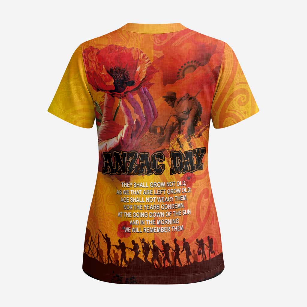 Australia and New Zealand ANZAC Day Scrub Top Soldiers Memories - Red Poppies with Aboriginal and Maori Art LT03 - Polynesian Pride